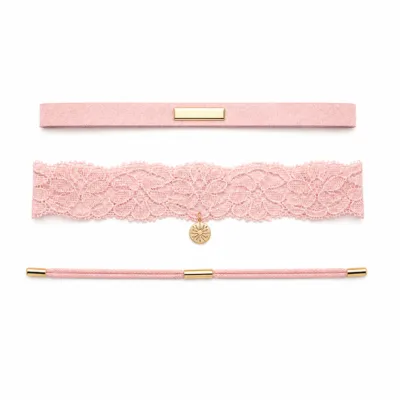 Conjunto de 3 pulseiras de veludo e renda rosa