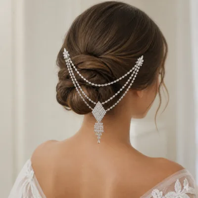 Acessório de cabelo com zircónias aplicado num coque elegante