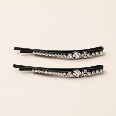 Conjunto de dois ganchos pretos curvos com cristais transparentes