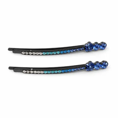 Conjunto de dois ganchos pretos com strass transparente e azul