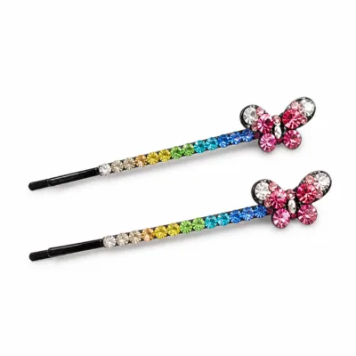 Conjunto de dois ganchos pretos com borboleta rosa e cristais arco-íris