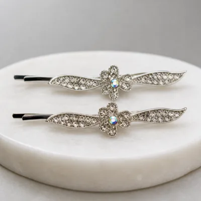Par de ganchos de cabelo prateados com strass transparente