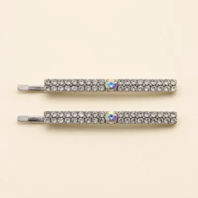 Conjunto de dois ganchos prateados retos com strass