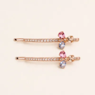 Conjunto de dois ganchos rosa dourado com flor multicolor