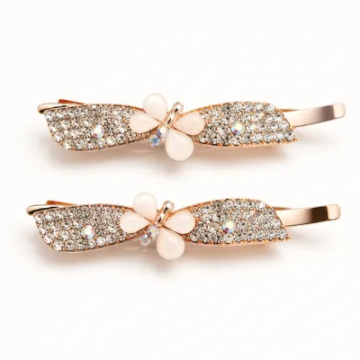 Conjunto de dois ganchos ouro rosa com laço largo de cristais