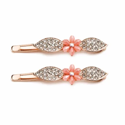 Conjunto de dois ganchos ouro rosa com cristais e flor coral