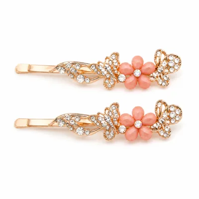Conjunto de dois ganchos ouro rosa com borboletas e flor coral