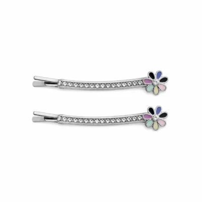 Conjunto de dois ganchos prateados com flores multicolores em fundo branco