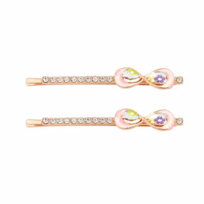 Conjunto de dois ganchos ouro rosa com laço multicolor em fundo branco