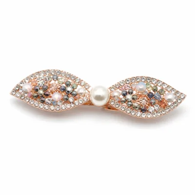 Gancho automático rosa dourado com folhas, pérola e strass