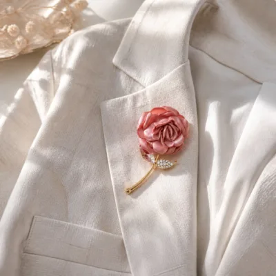 Broche rosa de cetim aplicado na lapela de um blazer claro