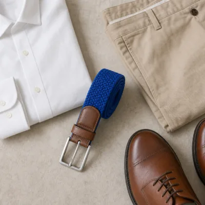 Cinto elástico azul-royal numa composição smart casual