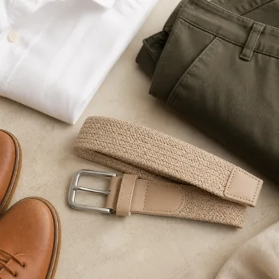 Cinto elástico bege numa composição smart casual