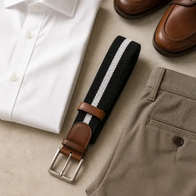 Cinto elástico preto e branco numa composição smart casual