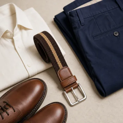 Cinto elástico castanho e bege num conjunto smart casual
