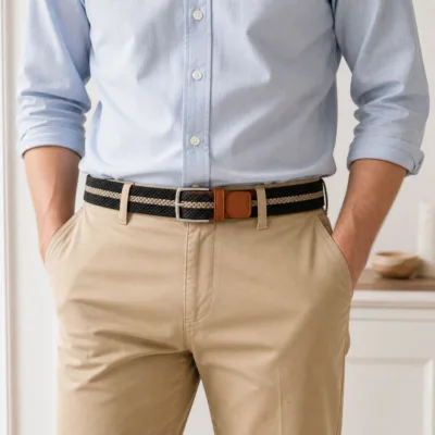 Cinto elástico preto, bege e cinzento usado num conjunto smart casual