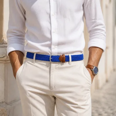 Cinto elástico azul-royal usado com camisa branca e calças bege