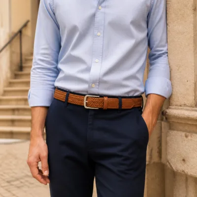 Cinto elástico castanho-café usado com camisa azul-clara e calças azul-marinho