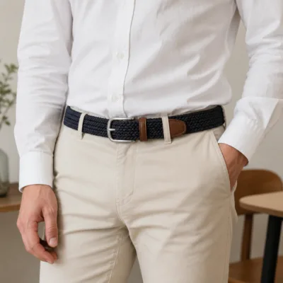 Cinto elástico azul-marinho usado com camisa branca e calças claras