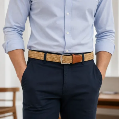 Cinto elástico caqui usado com camisa azul e calças azul-marinho