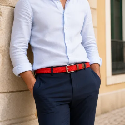 Cinto elástico vermelho usado com camisa clara e calças azul-marinho