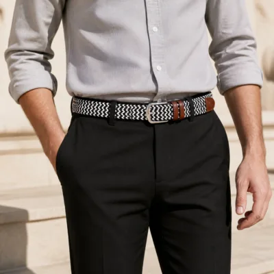 Cinto elástico preto e branco usado com camisa cinzenta e calças pretas