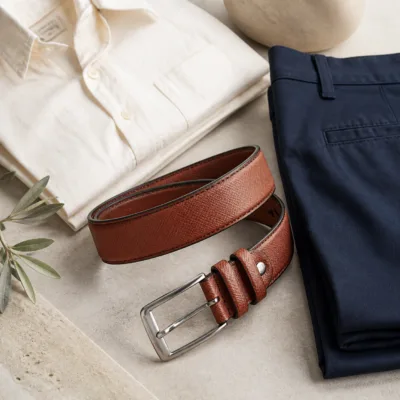 Cinto castanho-avermelhado numa composição smart casual