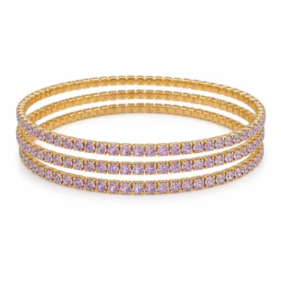 Conjunto de quatro pulseiras douradas com cristais lilás-claro