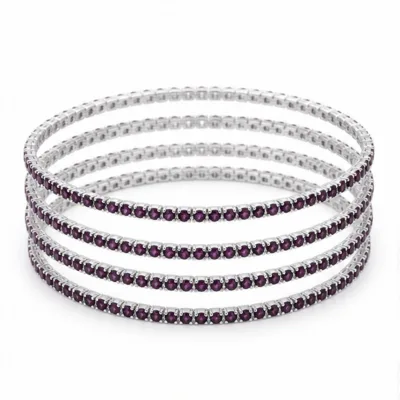 Conjunto de quatro pulseiras prateadas com cristais roxo-escuro