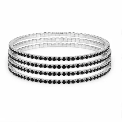 Conjunto de quatro pulseiras prateadas com cristais pretos e transparentes