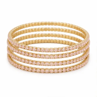 Conjunto de quatro pulseiras douradas com cristais rosa-claro