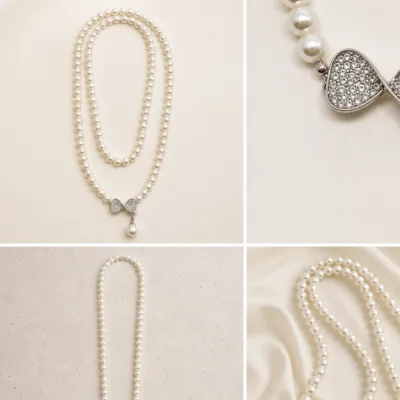 Long white pearl crystal bow necklace 4972-Q001-1B