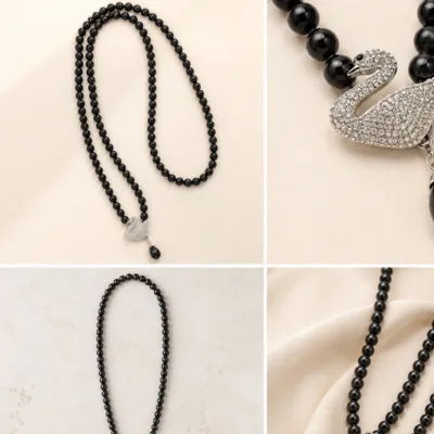 Long black pearl crystal swan necklace 4972-Q001-2A