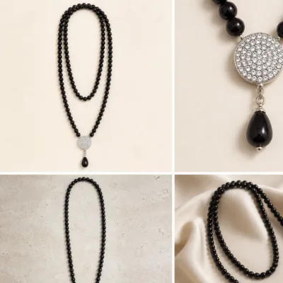 Long black pearl crystal disc necklace 4972-Q001-3A