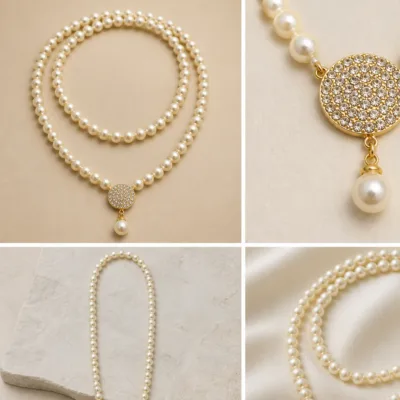 Long ivory pearl gold crystal disc necklace 4972-Q001-3C