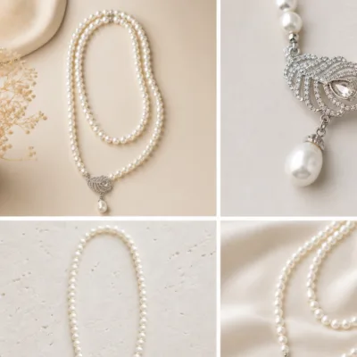 Long white pearl crystal feather necklace 4972-Q001-4B