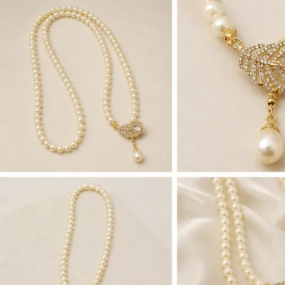 Long ivory pearl gold crystal feather necklace 4972-Q001-4C