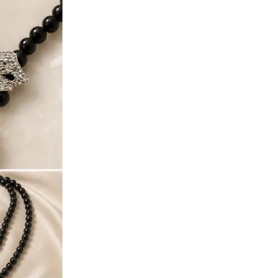 Colar de Pérolas Pretas com Laço de Cristais — Preto / Prateado, 120 cm