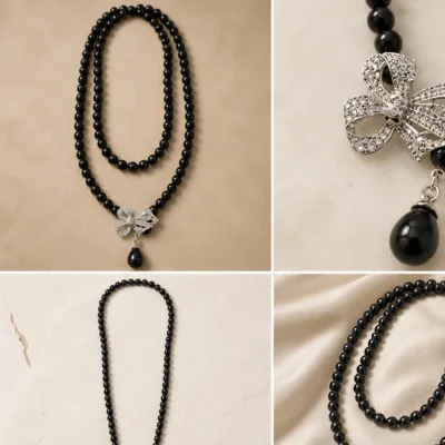 Long black pearl crystal bow necklace 4972-Q001-5A