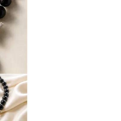 Colar de Pérolas Pretas com Folha de Bordo — Preto / Prateado, 60 cm
