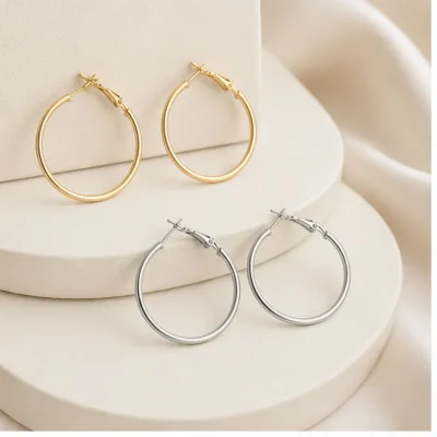 Brincos de argola redondos lisos em prateado e dourado, 30 mm