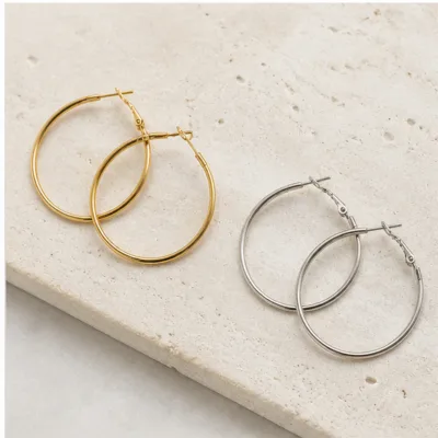 Brincos de argola redondos lisos em dourado e prateado, 40 mm