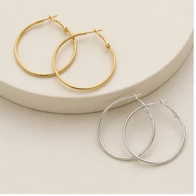 Brincos de argola redondos lisos em prateado e dourado, 40 mm