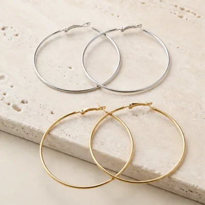 Brincos de argola redondos lisos em prateado e dourado, 50 mm