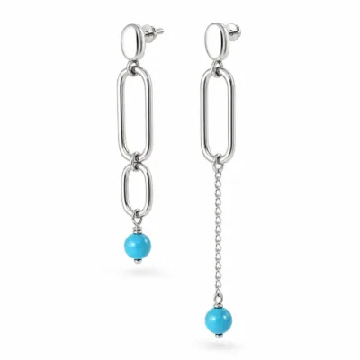 Brincos Assimétricos com Conta Azul Prateados — Prateado com conta azul