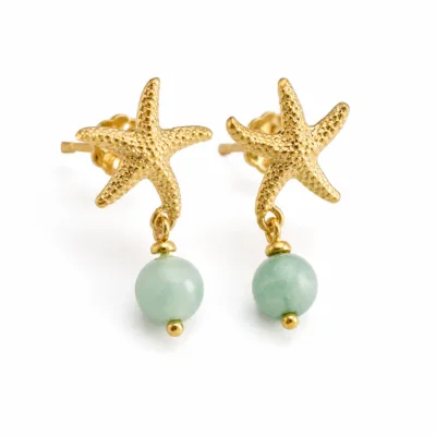 Brincos Estrela-do-Mar com Conta Verde-Dourados — Dourado com conta verde
