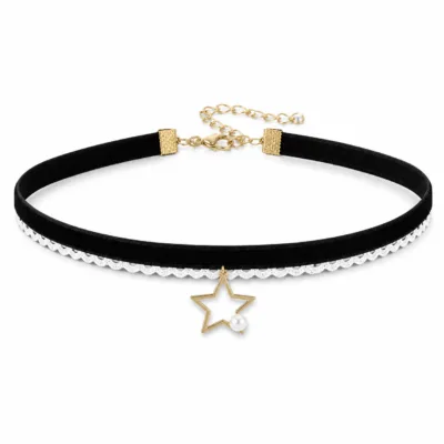 Gargantilha Preta com Renda e Pendente Estrela