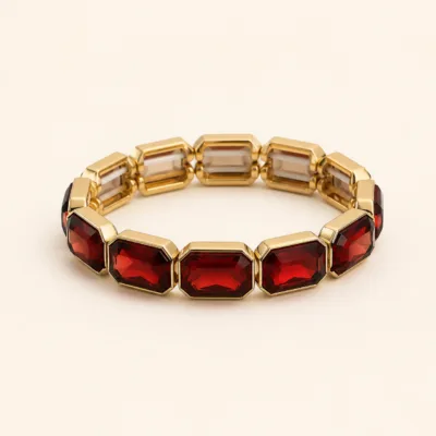 Pulseira Elástica Dourada com Vidro Vermelho