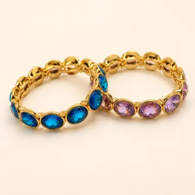 Pulseira Elástica Dourada de Vidro Oval — Azul ou Roxa