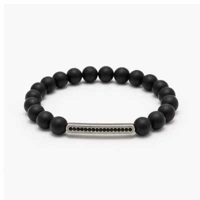 Pulseira de pedra natural preta mate com barra prateada